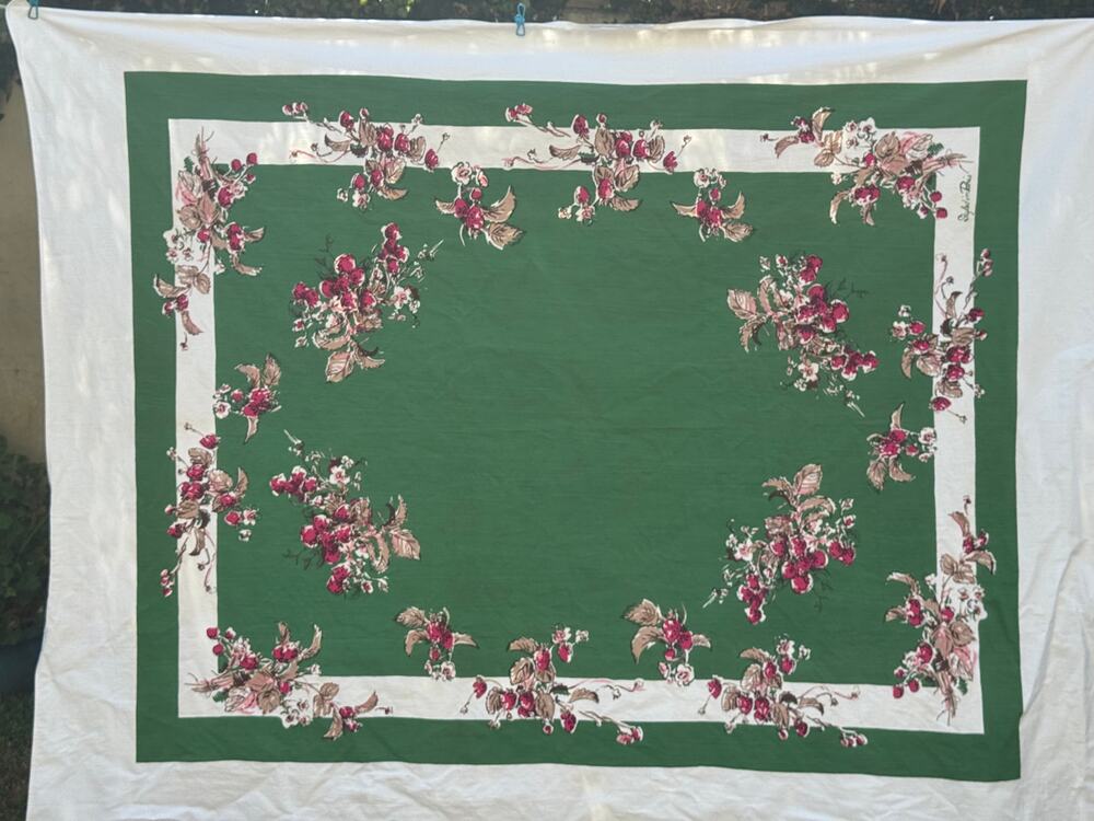 Vintage Cottagecore Floral "Signed in Paris"  Tablecloth 58x76 Green Pink  WOW!